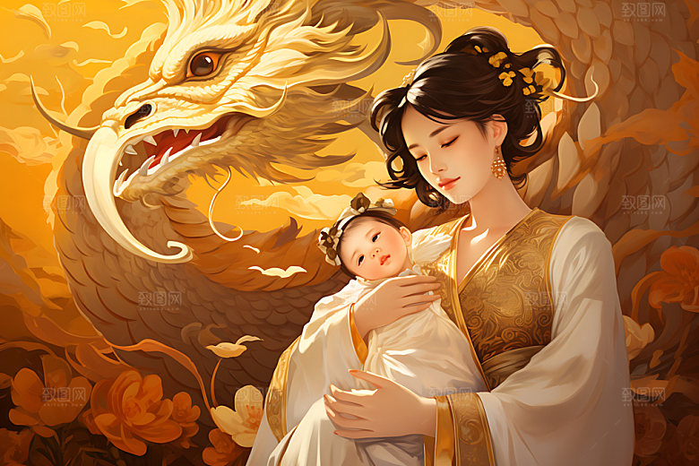 龙和母亲孩子大气艺术插画