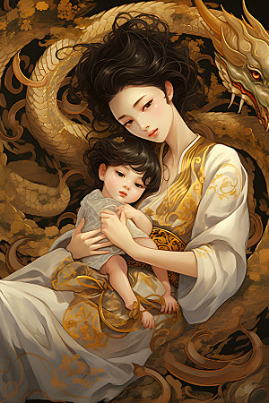 龙和母亲孩子艺术梦幻插画
