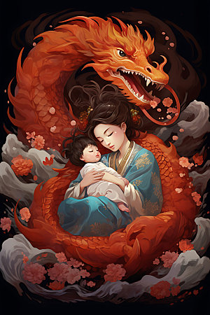 龙和母亲孩子艺术中国风插画