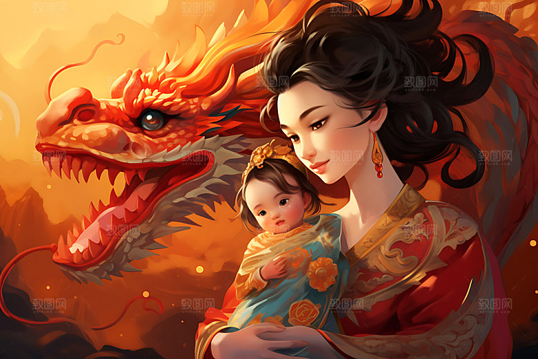 龙和母亲孩子艺术幻想插画
