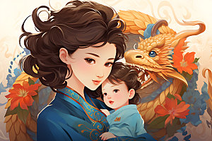 龙和母亲孩子梦幻十二生肖插画
