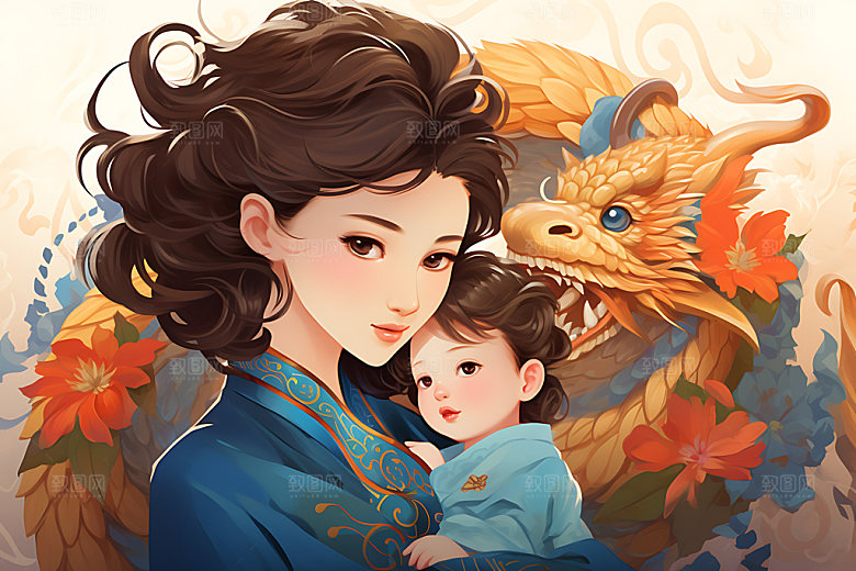 龙和母亲孩子梦幻十二生肖插画