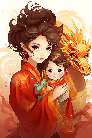龙和母亲孩子十二生肖艺术插画