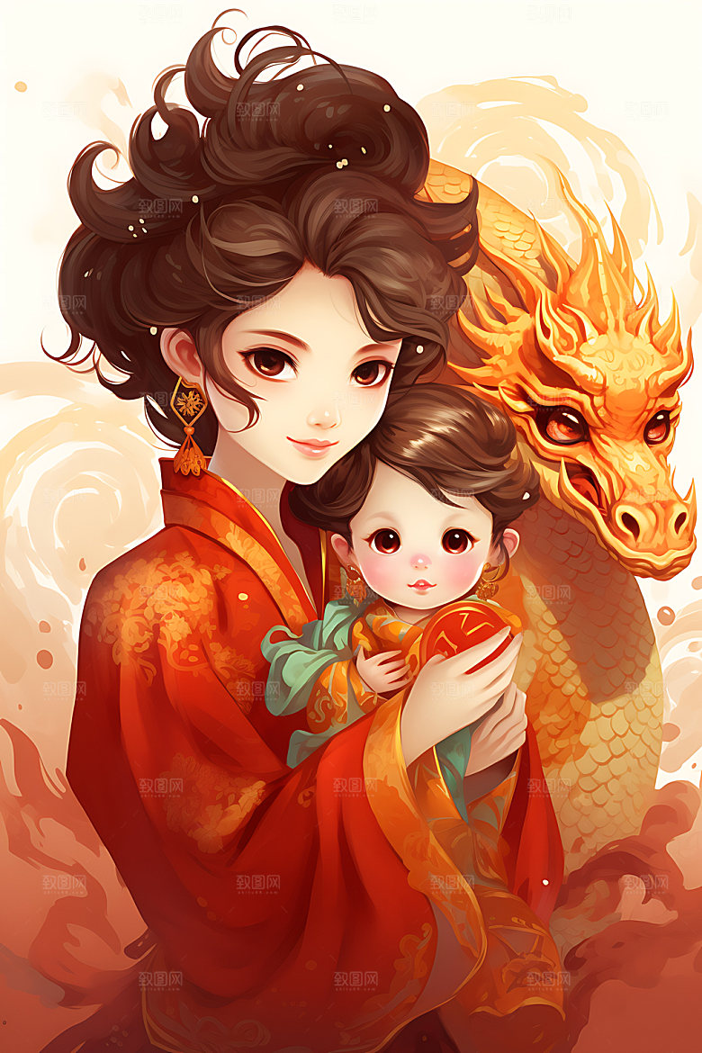 龙和母亲孩子十二生肖艺术插画
