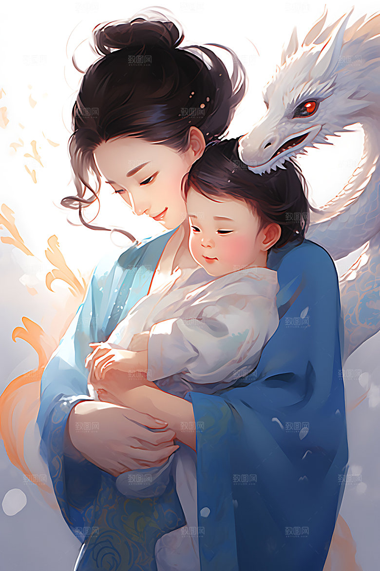 龙和母亲孩子龙年艺术插画