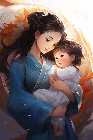 龙和母亲孩子龙年中国风插画