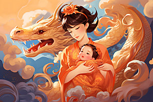 龙和母亲孩子十二生肖龙年插画