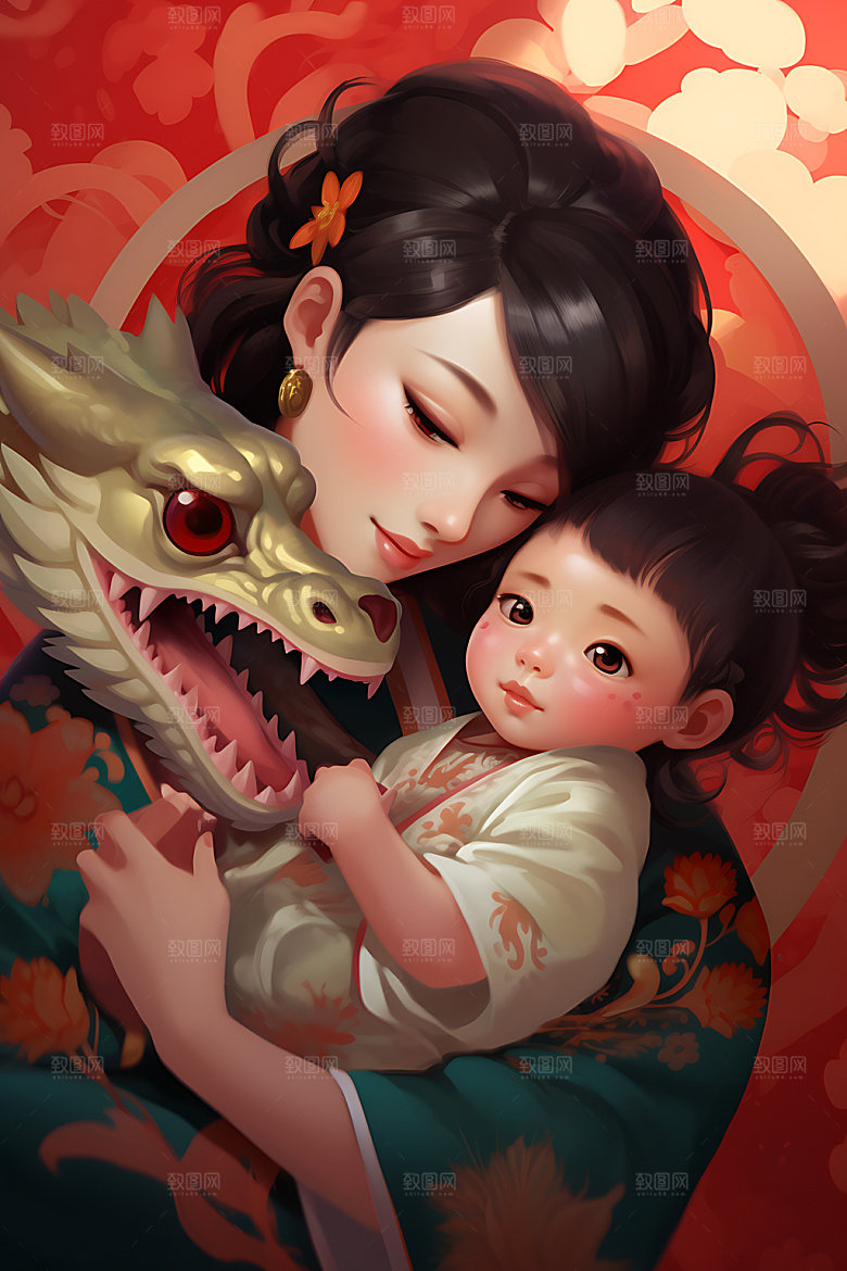 龙和母亲孩子十二生肖龙年插画
