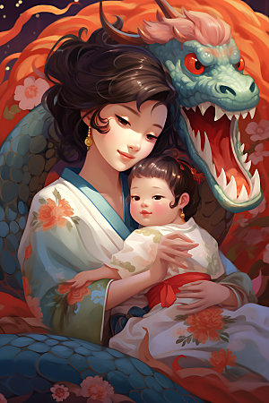 龙和母亲孩子大气十二生肖插画
