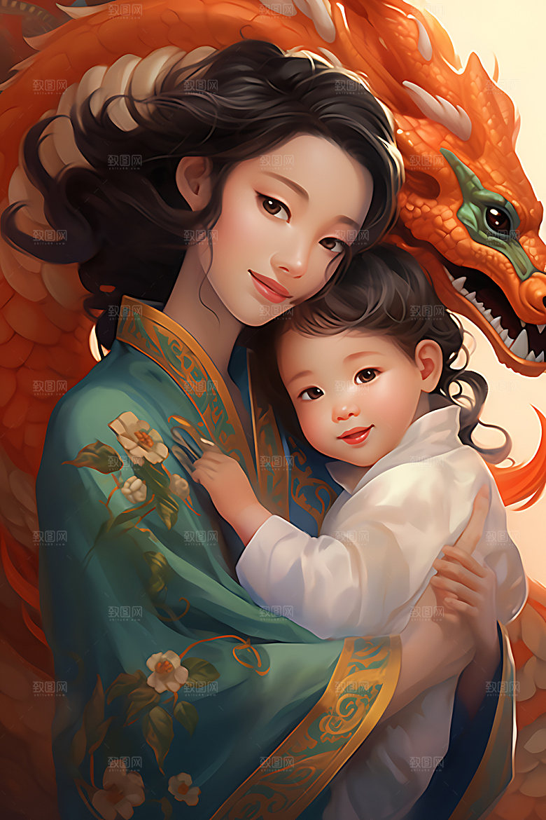 龙和母亲孩子龙年大气插画