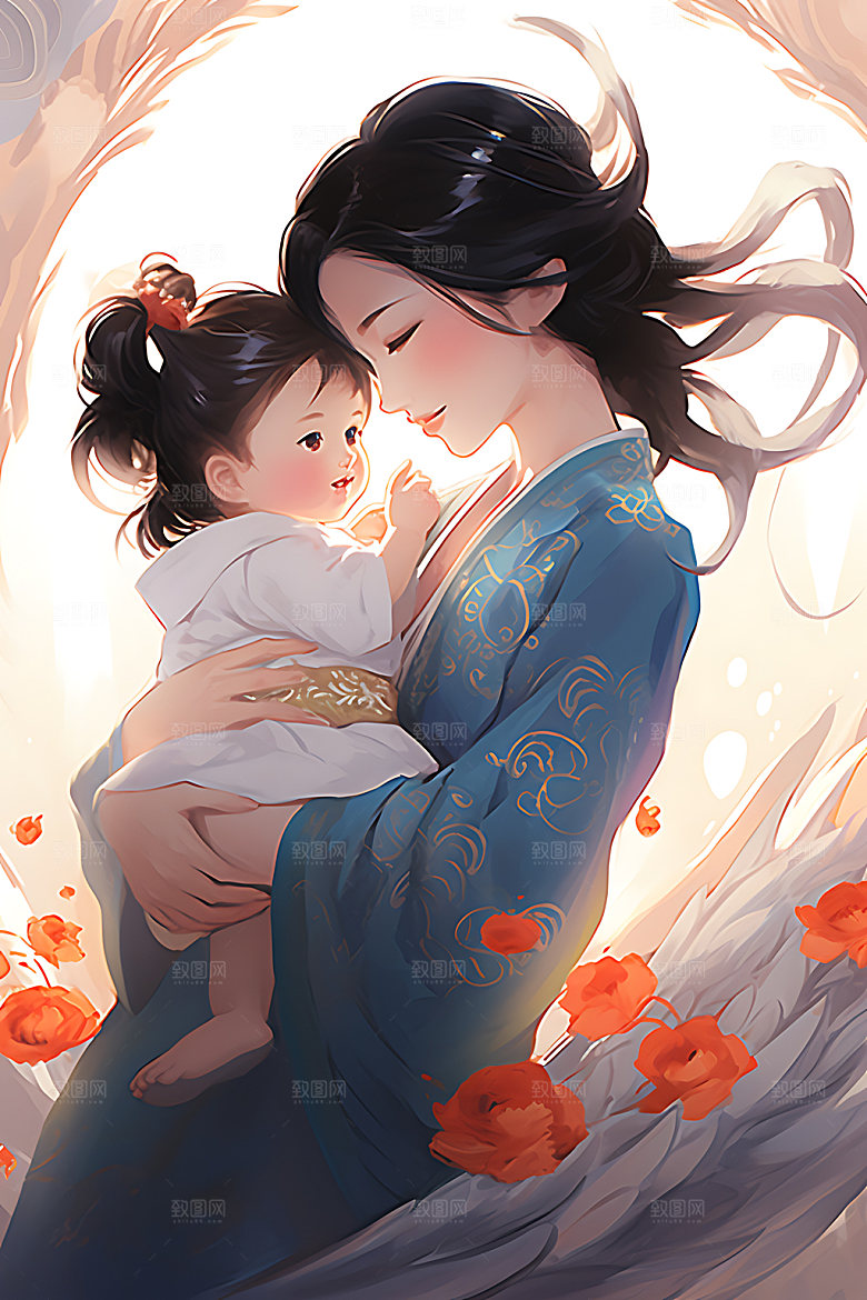 龙和母亲孩子梦幻幻想插画