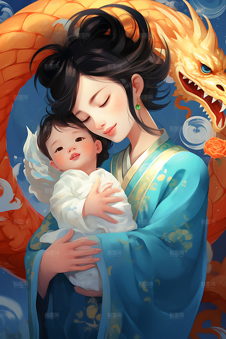 龙和母亲孩子龙年十二生肖插画