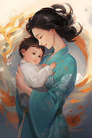 龙和母亲孩子十二生肖大气插画