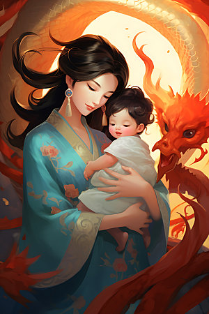 龙和母亲孩子十二生肖中国风插画
