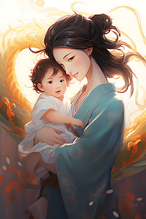 龙和母亲孩子中国风艺术插画