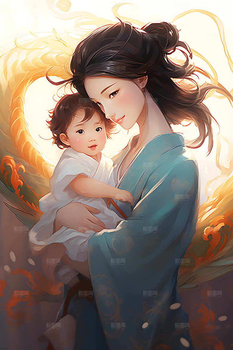龙和母亲孩子中国风艺术插画