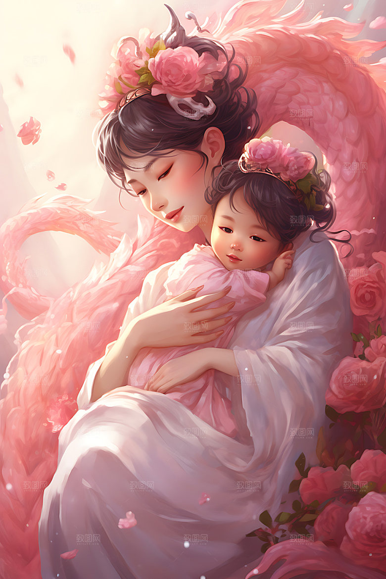 龙和母亲孩子大气幻想插画