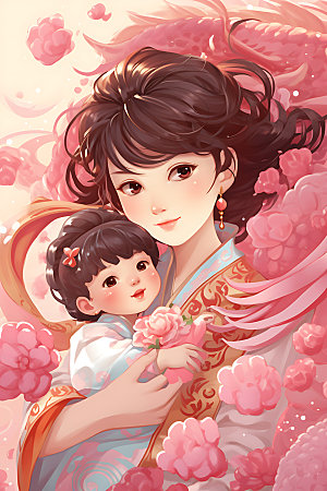 龙和母亲孩子幻想中国风插画