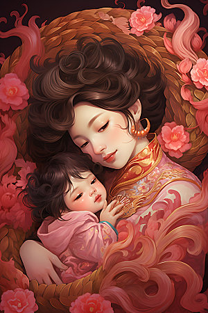 龙和母亲孩子梦幻中国风插画