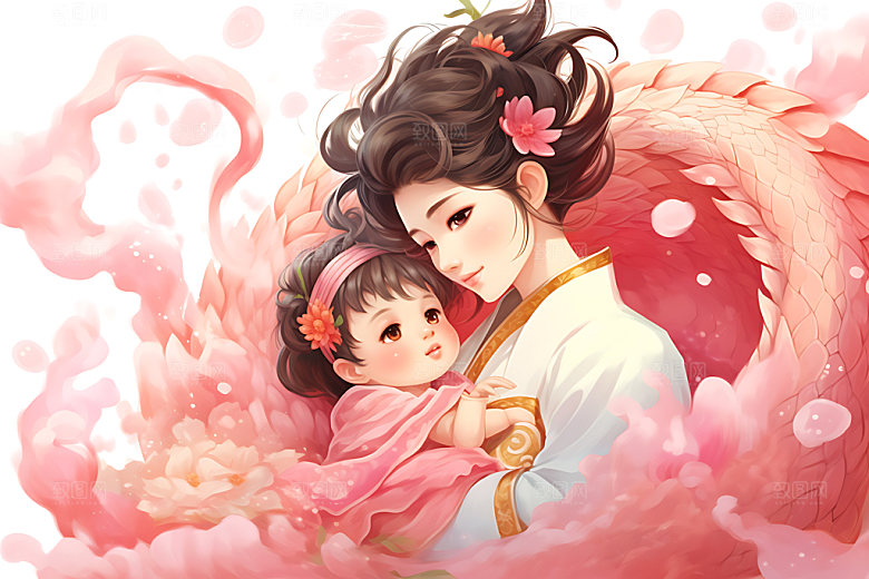 龙和母亲孩子十二生肖龙年插画