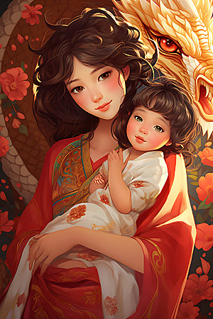 龙和母亲孩子十二生肖艺术插画
