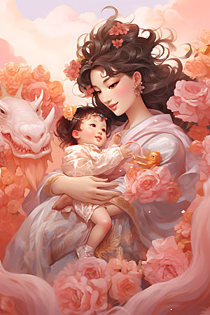 龙和母亲孩子艺术中国风插画