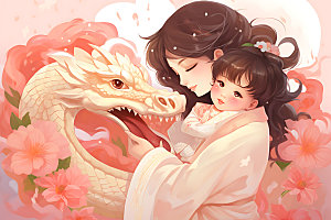 龙和母亲孩子龙年梦幻插画