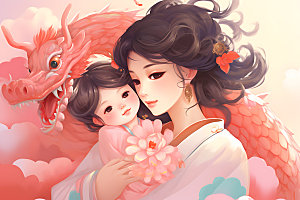 龙和母亲孩子梦幻艺术插画