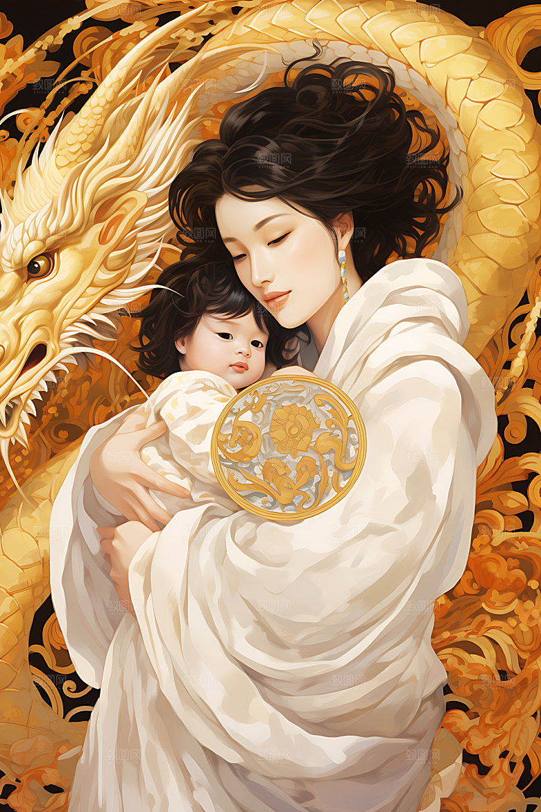 龙和母亲孩子大气梦幻插画