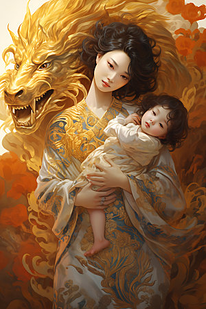 龙和母亲孩子中国风龙年插画