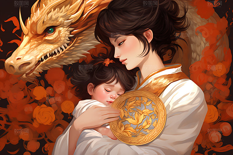龙和母亲孩子中国风十二生肖插画