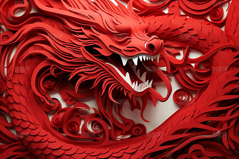 龙年剪纸红色富贵模型