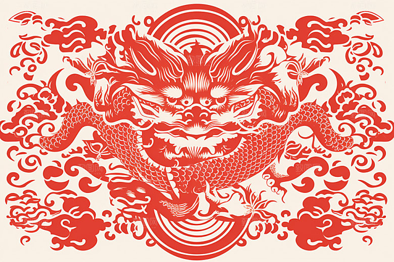 龙年剪纸传统文化红色模型