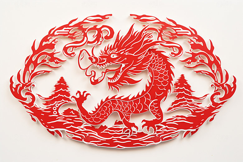 龙年剪纸十二生肖红色模型