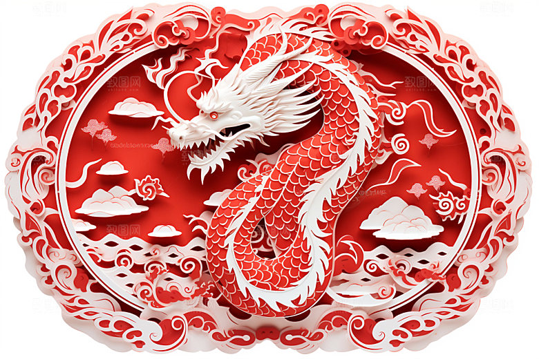 龙年剪纸红色春节模型