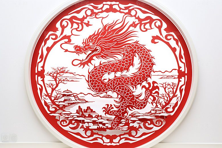 龙年剪纸红色雕花模型
