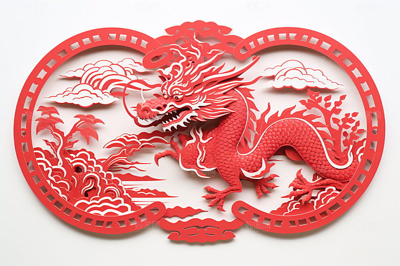 龙年剪纸喜庆红色模型