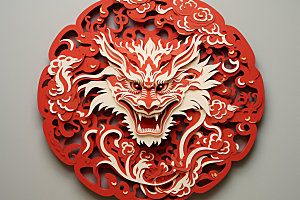 龙年剪纸传统文化红色模型