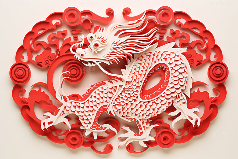 龙年剪纸纸艺传统文化模型