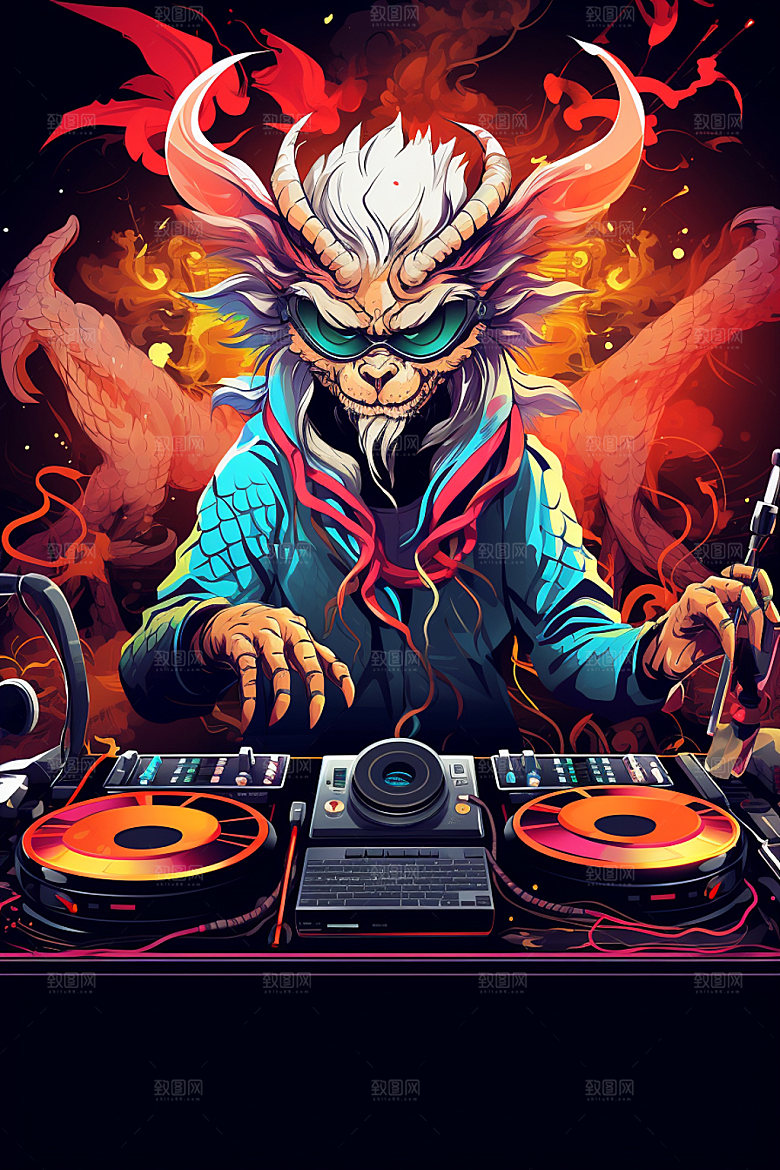 DJ龙打碟帅气插画