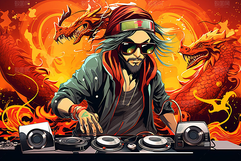 DJ龙音乐中国风插画