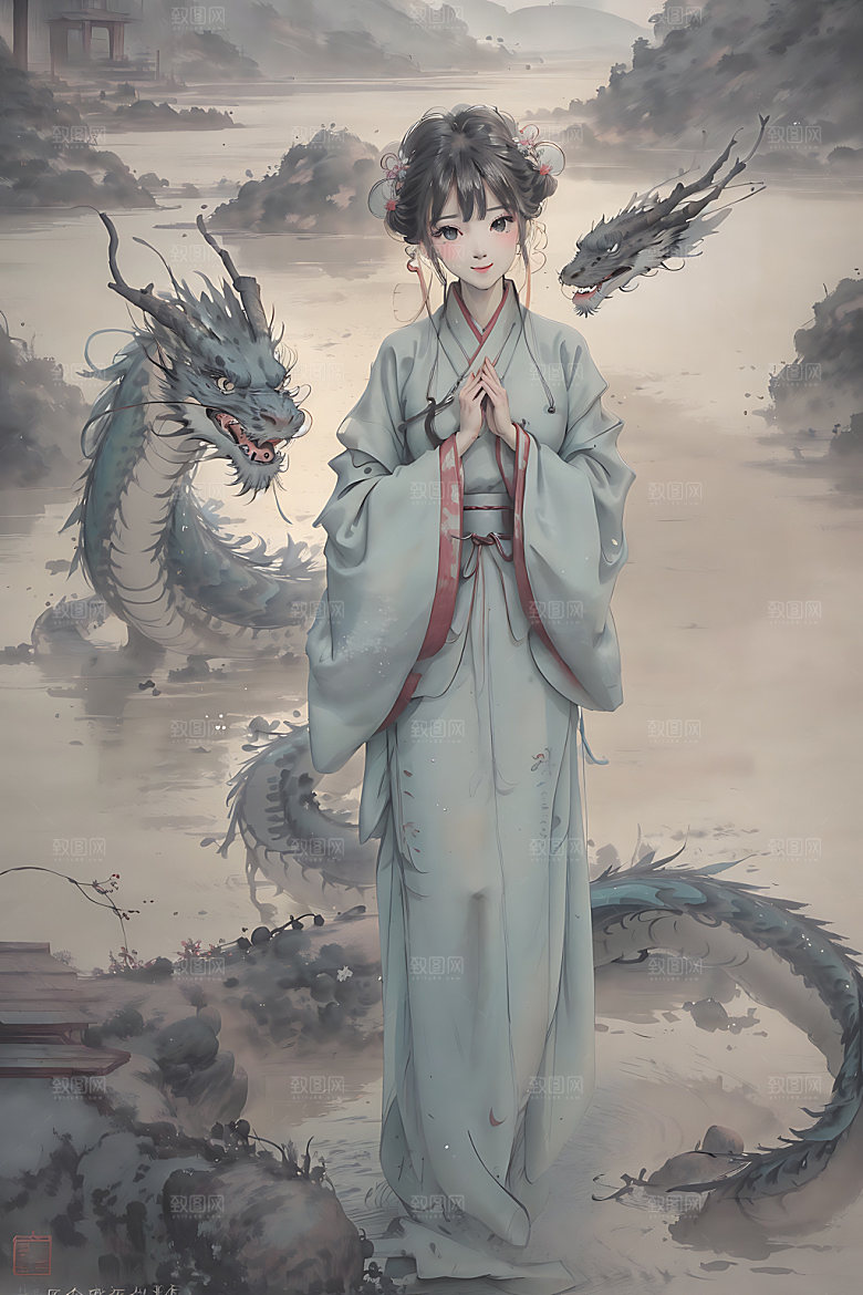 龙和女孩水墨传统插画