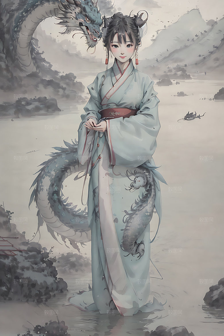 龙和女孩传统中国风插画