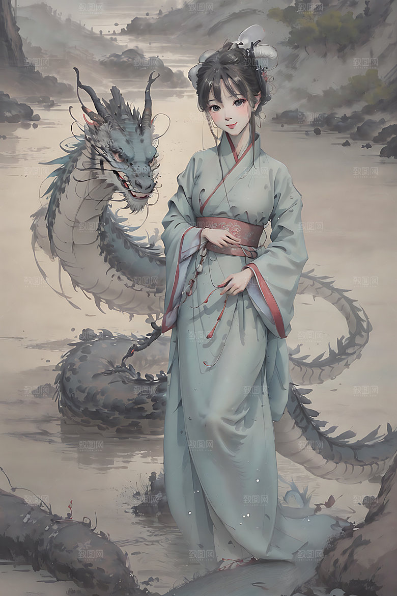 龙和女孩中国风国画插画