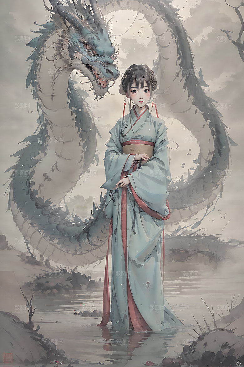 龙和女孩汉服工笔画插画