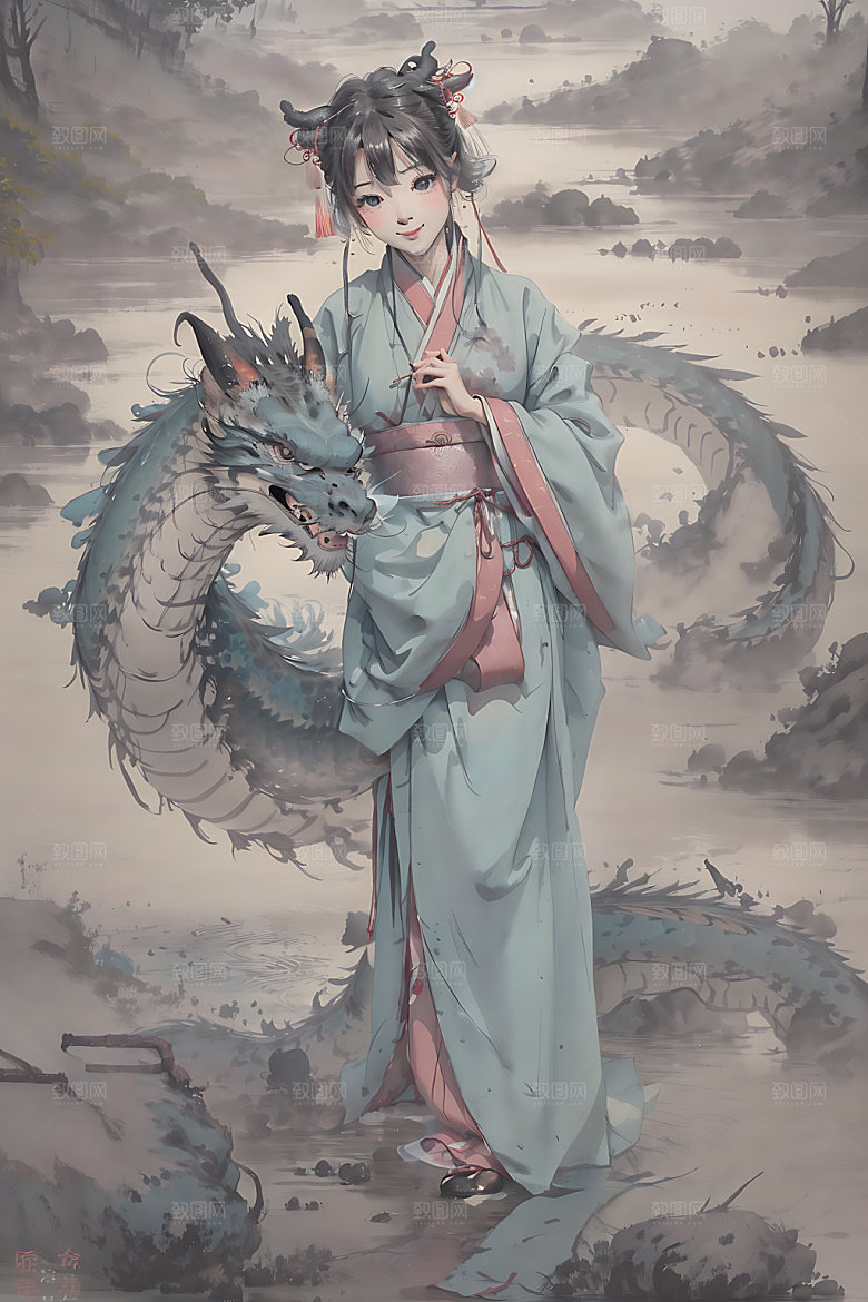 龙和女孩传统唯美插画
