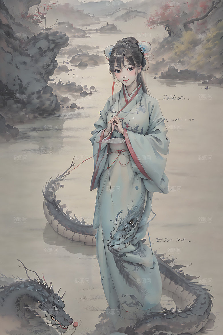 龙和女孩传统汉服插画
