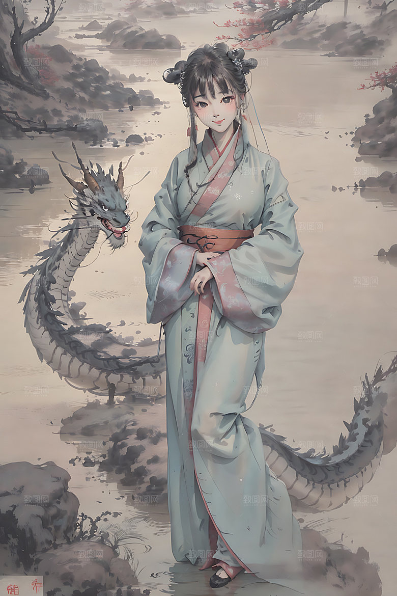 龙和女孩水墨龙年插画