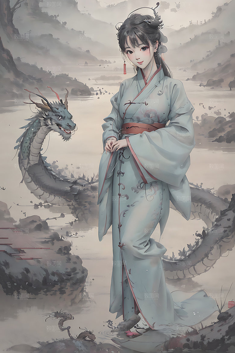 龙和女孩汉服传统插画