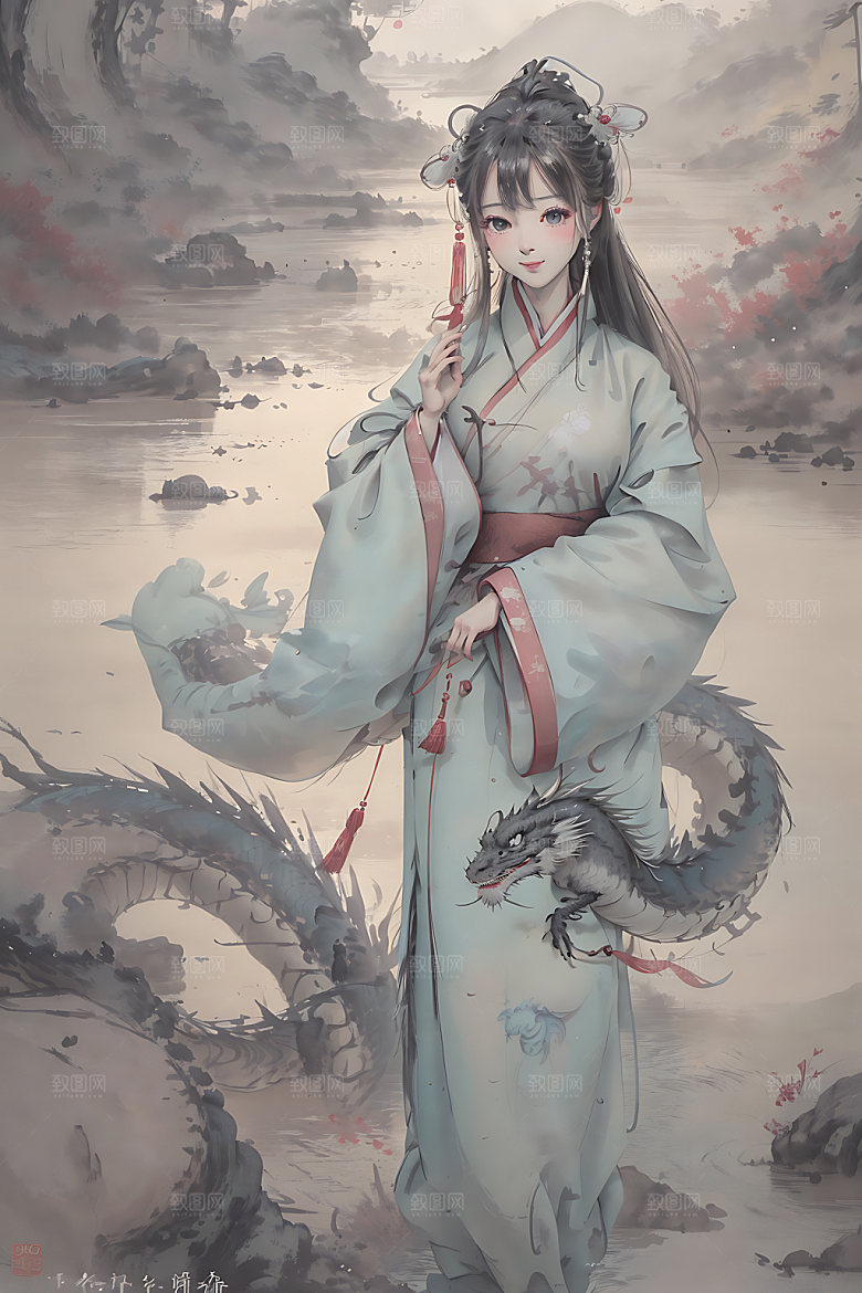 龙和女孩汉服国画插画